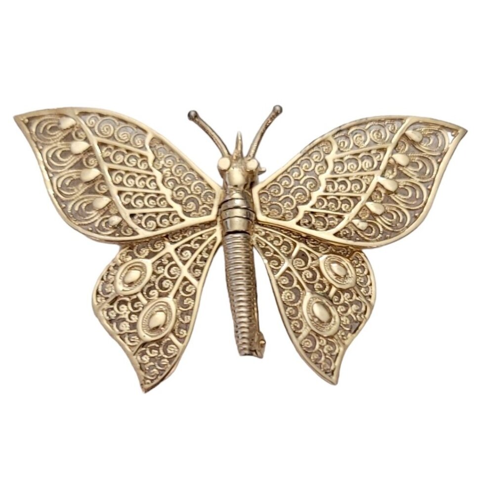 Germany Sterling Silver Articulated Gold Vermeil Butterfly Brooch Pin Signed L50